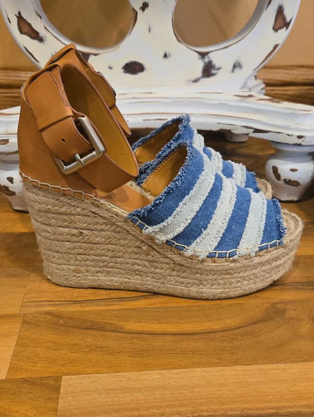 Marc Fisher Platform Espadrille Denim Wedge Sandals - Blue Stripe - Picture 1 of 6